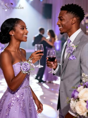 Serwalin Purple Corsage and Boutonniere Set, Artificial Silk Rose Wrist Corsage Wristlet and Boutonniere Set for Prom, Homecoming, Wedding, Anniversary Party Prom Suit Dress Flower Accessories - color: Purple, size: 1 Boutonniere & 1 Wrist Corsage - 2pcs