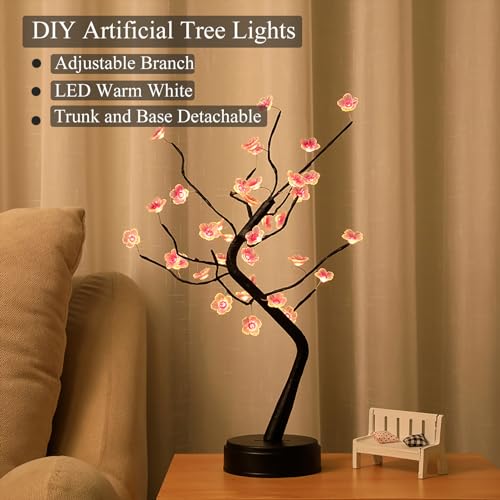 PXBNIUYA 36 LED Cherry Blossom Sparkly Fairy Spirit Tree Lights, Twinkling Tree 3AA&USB Powered, Tabletop DIY Artificial Tree Lamp for Bedroom Christmas Indoor Room Decor Lights (Warm White) - color: 36 Led Cherry Blossom Warm White, size: 1ft 8in