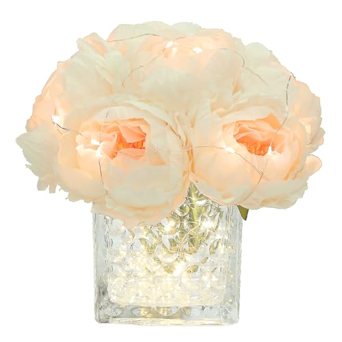 Artificial Peony Silk Flower Centerpieces with LED Light Faux Floral Arrangement in Glass Vase for Home Wedding Table Decoration (Cream White) - color: Light-cream White