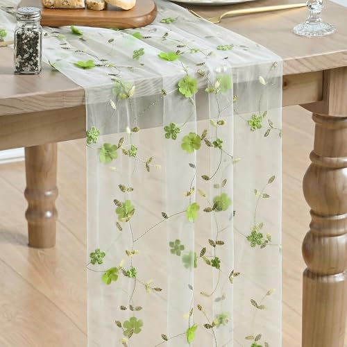 Artoid Mode Green 3D Flower Gauze Embroidery Table Runner 120 Inch 10FT, Tulle Seasonal Spring Kitchen Dining Holiday Table Decor for Home Party - color: White-green