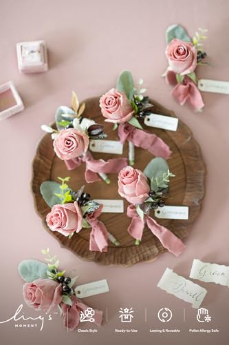 Ling's moment Boutonniere for Men, 6pcs Groom Groomsmen Boutonniere with Built-in Pins, Artificial Flowers for Wedding Decor/Prom/Homecoming, etc.Dusty Rose Mauve - color: Pk-dusty Rose & Mauve