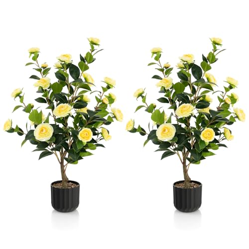 Goplus 38’’ Artificial Camellia Tree, 2 Pack Flower Plants Artificial Tree, Faux Floral Plant Blooming Tree in Cement Pot, Greenery Potted Plant for Indoor Outdoor Office Home Porch Decor - color: Yellow, size: 38 inch×2