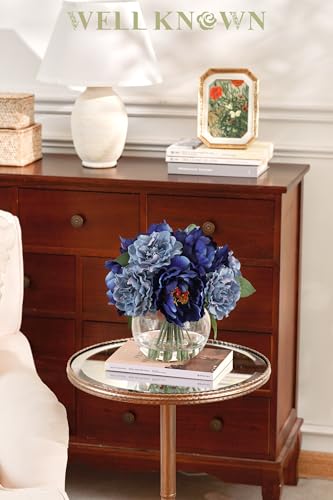 WELL KNOWN Artificial Blue Peonies Flowers in Vase with Faux Water, Silk Fake Flower Arrangements for Spring Home Dining Coffee Table Decor Wedding Party Centerpieces & Mom's Birthday Gift - color: Blue