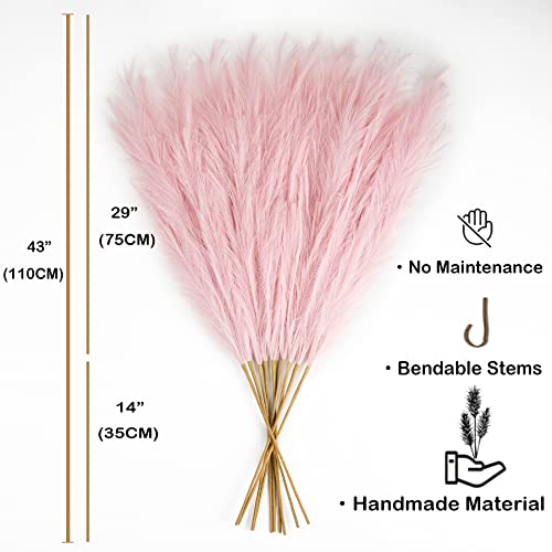 Faux Pampas Grass 6 Stems, Artificial Pampas Grass - 43 inch Total Extra Large Pompass Grass Tall Pompous Boho Flower Arrangement and Floor Vase Filler Home Decor for Room Wedding Party - color: Pink