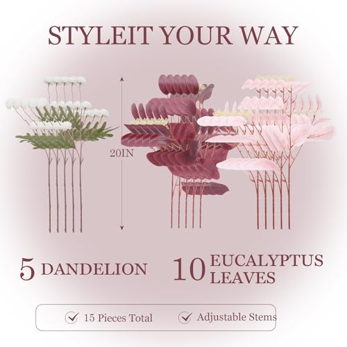 Dallisten Fake Flowers for Vase, 15 pcs Faux Silk Pompom Mum Artificial Flowers with Eucalyptus Stems, Mini Floral Long Stem Arrangements for Home Decor, Wedding, Table Centerpieces DIY Floral Designs - color: Burgundy+light Pink+white