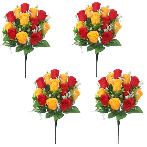Artificial Rose Bouquets Fake Roses Flowers Set of 4 Realistic Silk Flowers for Cemetery Headstone Home Wedding Decoration UV Resistant No-Fading(Red Yellow) - color: Red Yellow