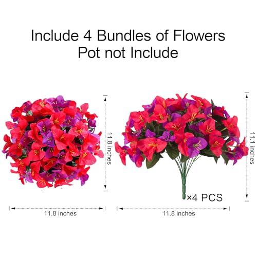 Bougainvillea Artificial Flowers for Outdoors Faux Plants Spring Decor, 4 Bundles Realistic Fake Silk Bougainvillea for Outside UV Resistant Faux Flowers for Outdoor Planters Porch Patio Garden Home - color: Redfuchsia