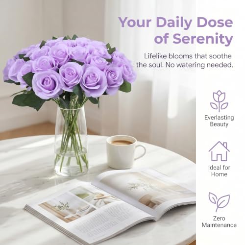 52pcs Lavender Roses Artificial Flowers Fake Flowers Silk Roses with Stems for DIY Wedding Bouquets Bridal Shower Centerpieces Arrangements Party Decorations - color: Lavender