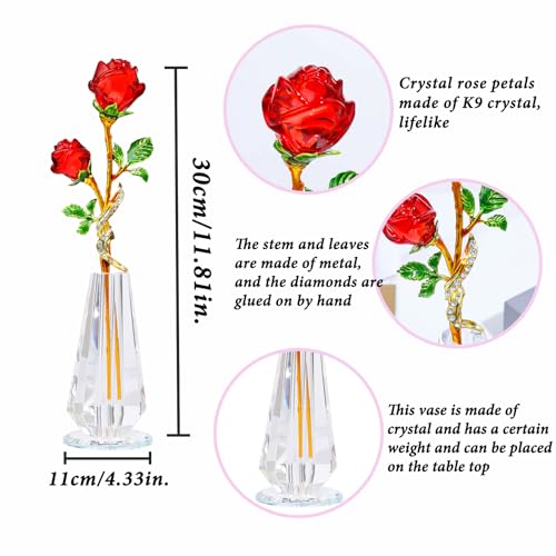 Arikyrist Red Rose Flower Crystal Figurine with Vase, Handmade Bouquet Glass Flowers Ornament Rose Gifts for Wife Girlfriend Women, Crystal Flower Home Table Decor for Valentine Anniversary - color: Red 1