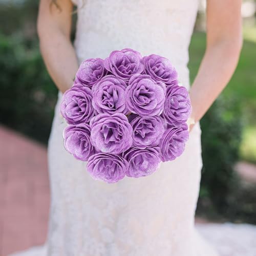 30PCS Purple Glitter Roses Artificial Flowers Fake Roses with Stems for Wedding Bouquet Party Christmas Home Decor(Purple) - color: Purple