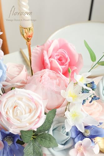 Floroom Pink Blush Blue Artificial Flowers Fake Roses Peonies and Greenery Combo Box Set for DIY Wedding Bouquets Bridal Shower Centerpieces Floral Arrangements Party Tables Home Decorations - color: Ethereal Blossom Symphony