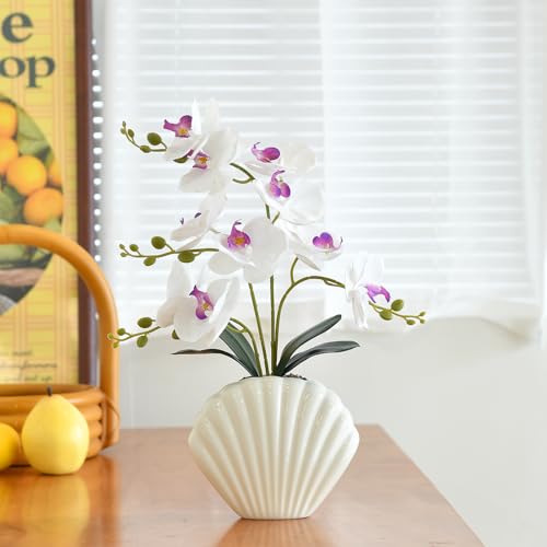 Artificial Phalaenopsis Orchid Plant in Seashell Pot, 16" Fake Orchid Flowers, Silk Faux Orchids for Home Decor, Office, Table Centerpiece, Real Touch Lifelike Indoor House Plant (White) - color: White