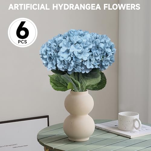6 PCS Artificial Hydrangea Flowers, Faux Silk Hydrangea with Long Stems, Home Wedding Decor, Table Centerpieces, Party Decorations(Smog Blue) - color: Smog Blue