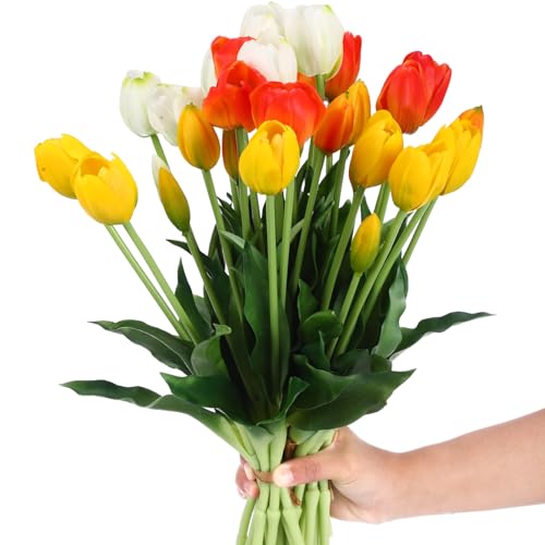 Riceshoot 30 Pcs Artificial Tulips Flowers 6 Bunches Faux Tulips Bouquets Arrangements Realistic Flowers for Office Wedding Party Kitchen Decoration(Warm Color) - color: Warm Color