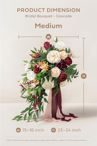 Ling's moment Burgundy Bridal Bouquet Cascading, Marsala Wedding Bouquets for Bride, 15 Inch Bride Bouquets for Wedding Artificial Flowers Bouquets - color: Burgundy, Blush, size: Medium 15 Inch