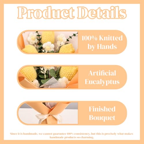Crochet Flowers Bouquet for Her Handmade Crochet Tulips Artificial Eucalyptus Includes Handheld Gift Box and Card for Home Decor Anniversary Birthdays Mother's Day Graduation Gifts (Yellow) - color: Yellow