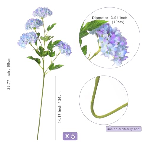 Blue Hydrangea Artificial Flowers, 5Pcs 26.8" Faux Hydrangea Bouquet with 4 Head, Silk Fake Flowers with Stems for Vase, Wedding Bouquet, Home Decor, DIY, Baby Shower, Centerpieces Tables Decoration - color: Blue