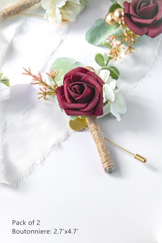 Boutonniere for Men Wedding, Groom Groomsman Artificial Rose Flowers for Wedding Anniversary Celebration,Prom,Party,Home Decoration Set of 2 (Burgundy) - color: Burgundy