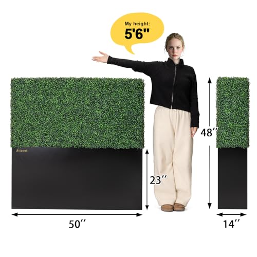 Artificial Boxwood Hedge Wall with Black Steel Planter Box, Outdoor Greenery Fake Faux Grass Panels, Privacy Divider Fence for Patio, 50" Lx48 Hx14 D - size: 50" Lx48" Hx14" D