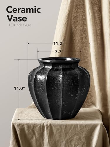 LE TAUCI 11" Ceramic Vase, Artisan Large Black Ceramic Vase for Modern Home Decor, Substantial & Stable, Handcrafted Flower Vase, Living Room & Dining Room Table Centerpiece, Distressed Iron Black - color: Distressed Iron Black, size: 11 inch