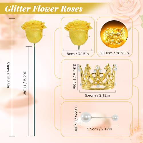 Yellow Glitter Roses Bouquet, 36 Pcs Shiny Glitter Flowers Bouquet, Everlasting DIY Artificial Roses Bouquet for Christmas, Birthday, Anniversary, Wedding, Engagement - color: Yellow-a, size: 36 PCS