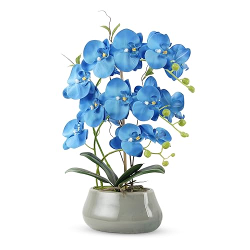 Orchid Artificial Flowers with Gray Vase Large Silk Faux Phalaenopsis Flowers for Dining Room Table Floral Centerpieces Indoor Decoration,Blue - color: Blue