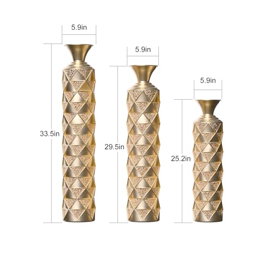 Metal Floor Vases Decorative, Set of 3 Flower Arrangement Stand, Metal Decorative Vase Tall Distressed Metallic Centerpiece Vases with 3D Triangle Pattern, 33.5", 29.5", 25.2" H (Antique Gold) - color: Antique Gold