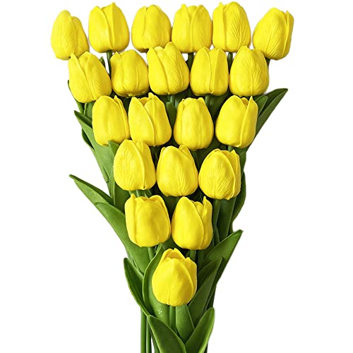 UKELER Artificial Yellow Tulip Flowers 24 Pcs Artificial Flowers Bulk Real Touch PU Tulip Flowers for Floral Wreath Arrangement Wedding Bouquet Home Decoration - color: Yellow