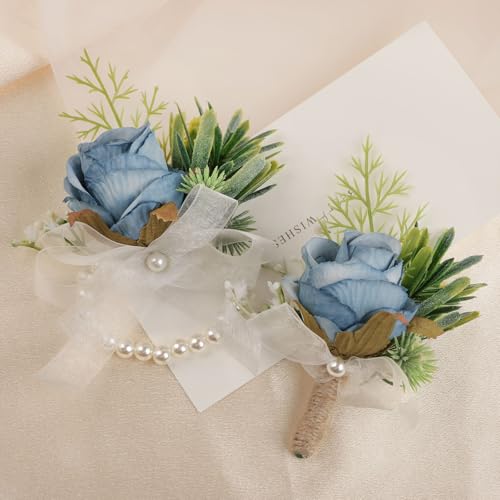Alizeal 2Pcs of Wrist Corsage and Boutonniere Set, Artificial Flowers Accessories Suit Decor for Wedding Prom Party Homecoming Ceremony, Light Blue - color: Light Blue