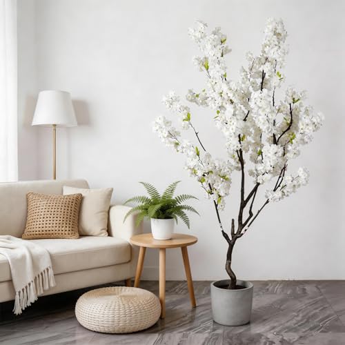 7.2ft Tall Artificial White Cherry Blossom Tree Indoor Decor, Fake Silk Flower Cherry Tree Plant Outdoor, Faux Flowering Tree Christmas New Year Home Decor - color: White-ap19