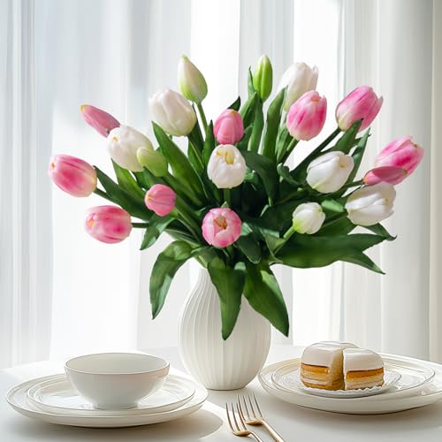 Bailikang 20PCS Fake Tulips Artificial Tulip Silk Flowers Fake PU Bouquet Artificial Flowers Faux Flowers with Gift Box Soft Faux Tulips Bouquets Arrangements for Party Wedding Home - color: White+pink