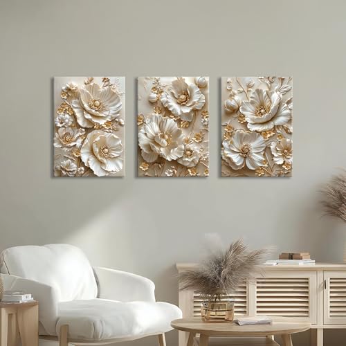 3 Pcs Modern Beige Gold Peony Floral Canvas Wall Art, Neutral Elegant 3d Beige Flowers Wall Painting White Blooming Floral Pictures Posters Art Print Home Decor for Bedroom Living Room Office 16x24x3 - color: Flower-gold peony, size: 16"x24"x3Pcs