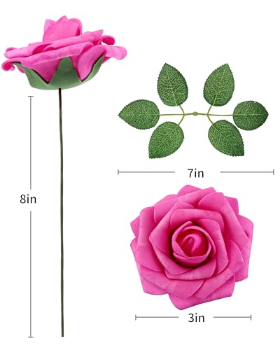 DuHouse 50Pcs Artificial Roses Flowers Fake Roses with Stems Real Touch Foam Flowers for DIY Wedding Bouquet Party Centerpiece Floral Arrangement Party Home Decor(Hot Pink) - color: Hot Pink, size: 50pcs