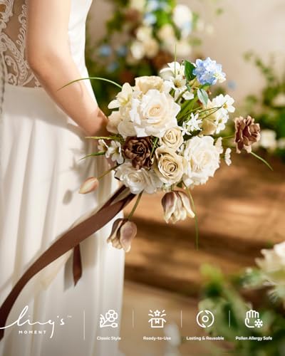 Ling's moment Fake Flowers Box, Faux Gardenia Artificial Daisy Foam Roses Silk Lily for Centerpieces Bouquet Wedding Floral Arrangements Bridal Shower Party, Tawny Beige & Earth Brown, Deluxe Combo - color: Beg-tawny Beige & Earth Brown, size: Deluxe