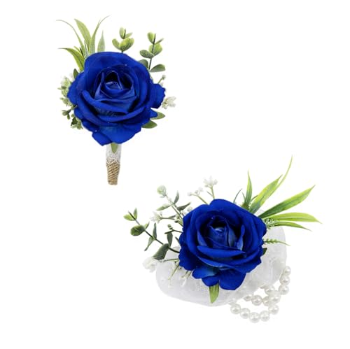 Ansofi Royal Blue Corsage and Boutonniere Set Artificial Rose Flower Wrist Corsage and Boutineers for Groom Groomsmen Bride Bridesmaids Prom Rustic Vintage Wedding Decor - color: Royal Blue