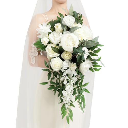 Ling's moment White Bridal Bouquet Cascading, Ivory Wedding Bouquets for Bride, 15 Inch Bride Bouquets for Wedding Artificial Flowers Bouquets - color: Wht-white & Ivory, size: Medium 15 Inch