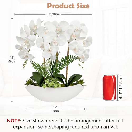 Briful Orchid Artificial Flowers 18in White Fake Orchid Silk Flowers with Ceramic Pot Faux Orchid Arrangement for Home Office Room Coffee Table Centerpiece Modern Decoration - color: White#1