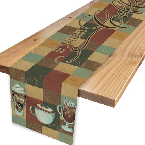 Coffee Theme Table Runner, Rustic Coffee Time Cafe Cup Latte Cappuccino Tea Bean Drinks Vintage Farmhouse Teal Table Center Decor for Family Kitchen Holiday Party Table Decorations,, 13"x36" - color: Coffee-12, size: 13“ X 36"