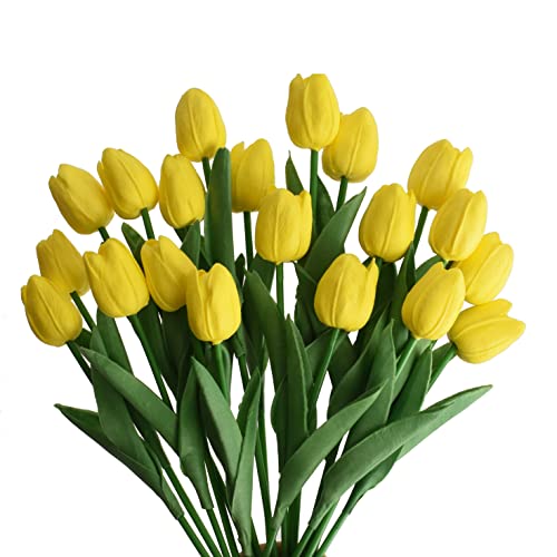 20pcs Artificial Tulips Flowers Fake Faux PU Tulip Bouquet Real Touch Flower Arrangement for Home Room Office Party Wedding Decoration Excellent Gift Idea for Mothers Day (Yellow) - color: Yellow 20