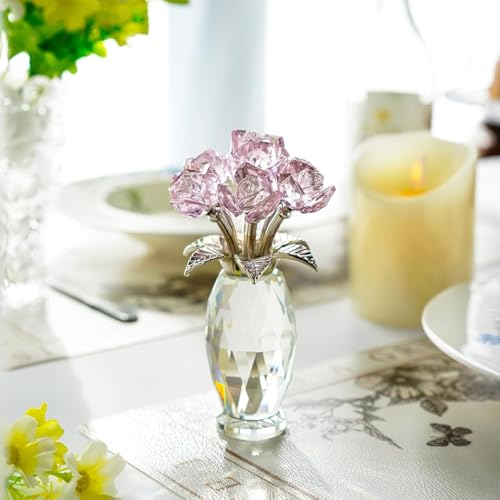 H&D HYALINE & DORA Pink Crystal Rose Flower Figurine,Glass Rose Flowers Gifts for Women,Crystal Rose Flower Collectible for Christmas Wedding Decor - color: Pink 2