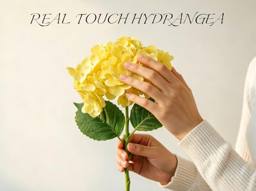 4 Pcs Faux Hydrangeas Real Touch Hydrangea Artificial Flowers Latex Large Fake Flower Long Stems for Wedding Home Party Table Centerpieces Decor (Yellow) - color: Yellow