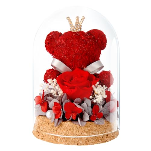 Preserved Rose Flowers Gifts for Her, Real Forever Rose in Glass Dome with Adorable Bear for Girlfriend,Mom,Wife,Grandma on Birthday Anniversary Valentine's Day (Red) - color: Red