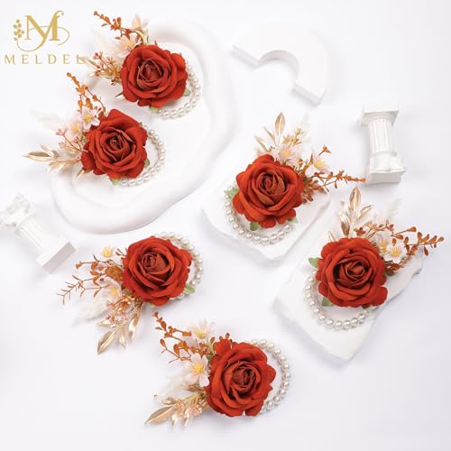 Orange Velvet Rose Wrist Corsage, Set of 6, Wedding Bridal Flower Corsage Hand Decor for Prom Party Homecoming, Wristband Flowers Bride, Bridesmaid, Girl - color: 6pcs Orange Wrist Corsages
