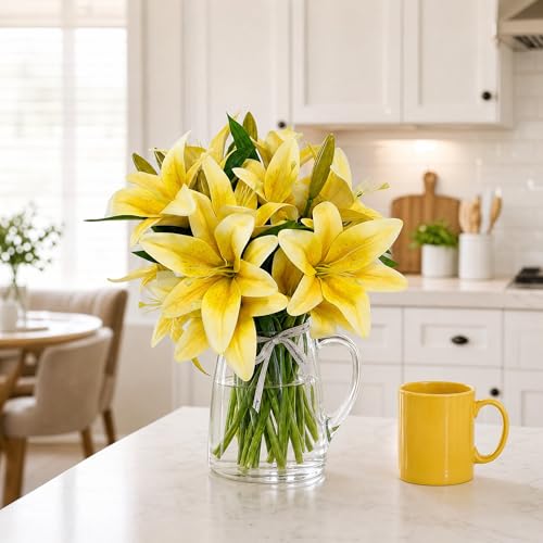 ATFL Artificial Lilies Flowers,9 Pcs Faux Lily Flowers,16''Tiger Lily Branches with 2 Full Blooms and 1 Bud,Faux Fake Lilies Plants for Wedding Bouquet Floral Arrangements (9, Yellow) - color: Yellow