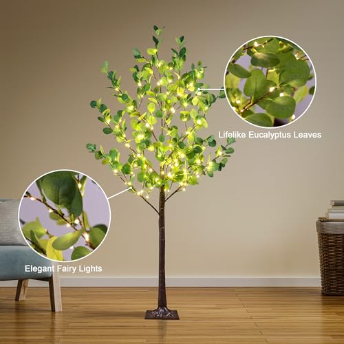 Lightshare 5FT Lighted Eucalyptus Tree 162L Warm White LED Artificial Greenery with Lights for Wedding Holiday Home Party Decoration Indoor Outdoor - size: 5ft