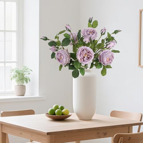 Real Touch Purple Austin Roses Peonies Artificial Flowers 4 Bouquets Latex Fake Peonies with Long Stem Realistic Faux Peonies for Wedding Party Home Table Centerpieces Decor (Light Purple) - color: Light Purple