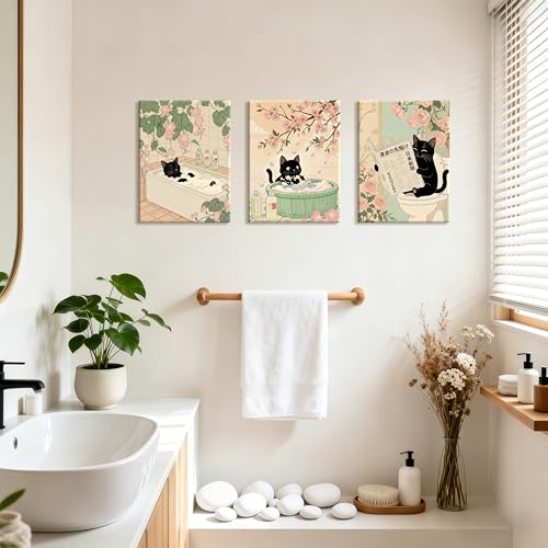 WENGTIAO Japanese Bathroom Wall Art Set of 3 Funny Black Cat Wall Paintings Cute Japan Cat Prints Pictures Animal on Toilet Photo Home Decor for Bathroom Restroom Laundry Room 12”x16”x3 - color: Black Cat Bathroom, size: 12"x16"x3Pcs