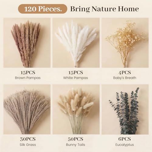 JOHOUSE 120PCS Dried Pampas Grass Set for Vase, Natural Pampas Grass Eucalyptus Stems Bunny Tails 17 inches for Boho Home Wedding Farmhouse Decor