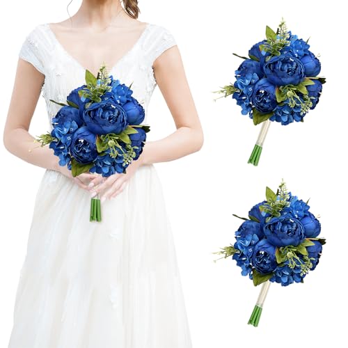 Royal Blue Bridesmaid Bouquets for Wedding, Set of 2 Artificial Silk Peonies Flowers Bouquet for Marriage Decorations - color: Royal Blue, size: Set of 2 Bouquets