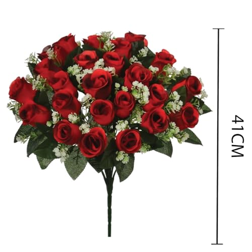 16" Artificial Silk Red Rose Bush with Gyp & Foliage 24 Flower Heads- Wedding Grave Home Decoration (1, Red) - color: Red